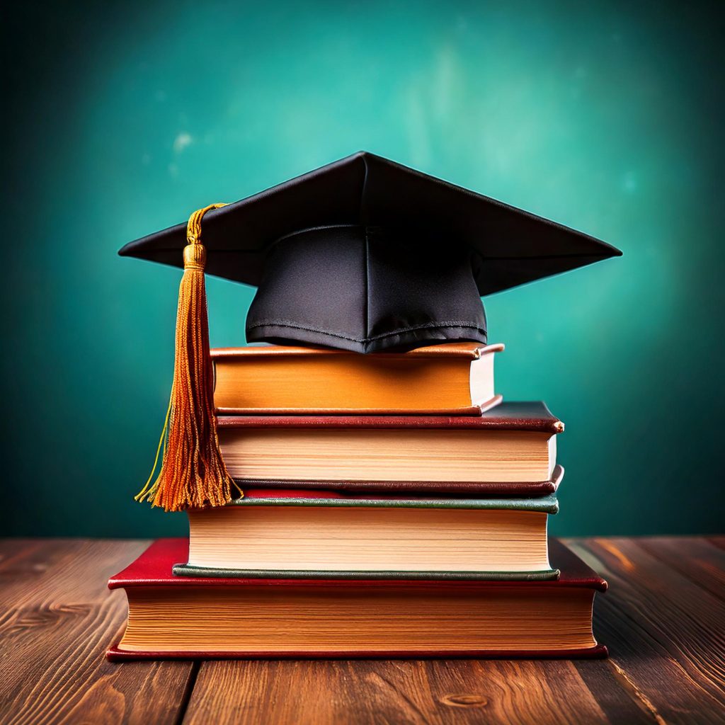 Graduation cap over a stack of books