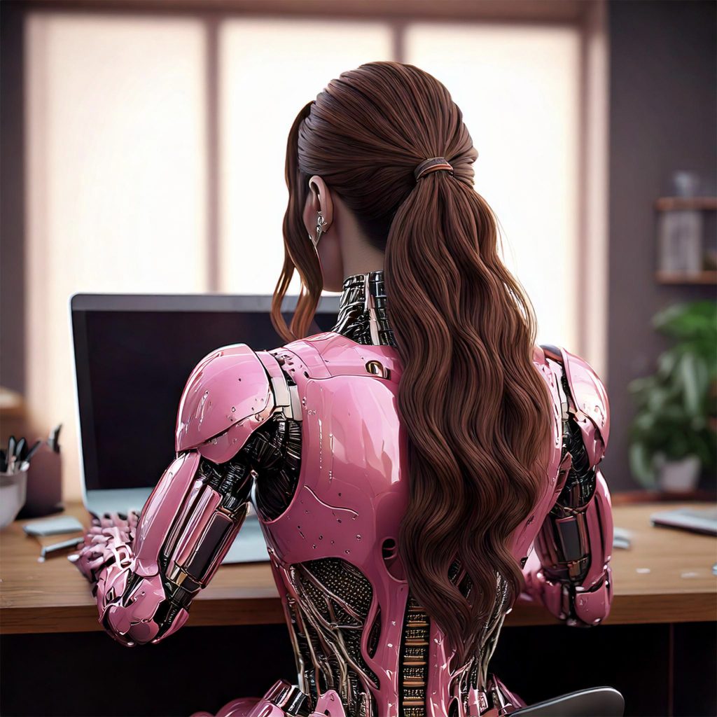 AI female robot at a desk with a laptop.